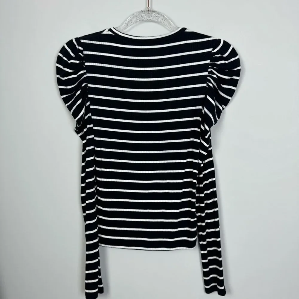 ZARA | Black & White Striped Puff Shoulder Top Women’s Size Small